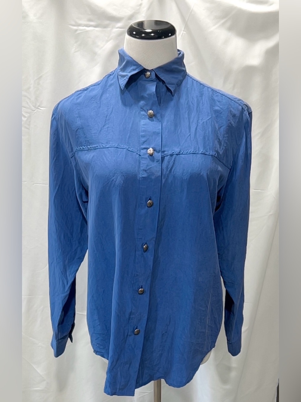 Adobe Rose Blue Silk Western Shirt Pearl Button Down Blouse Vintage Small S